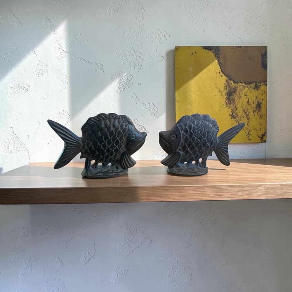 SET Cast Iron Fish Rusty Patina Coastal Beach Decor 4”3819/67